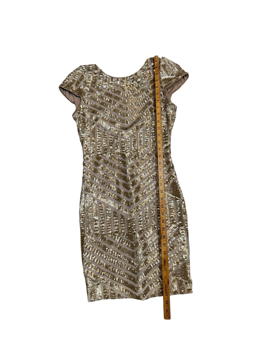 Dress the Population Tabitha Sequin Mini Dress Gold Nude Art Deco Open Back M - Picture 4 of 11